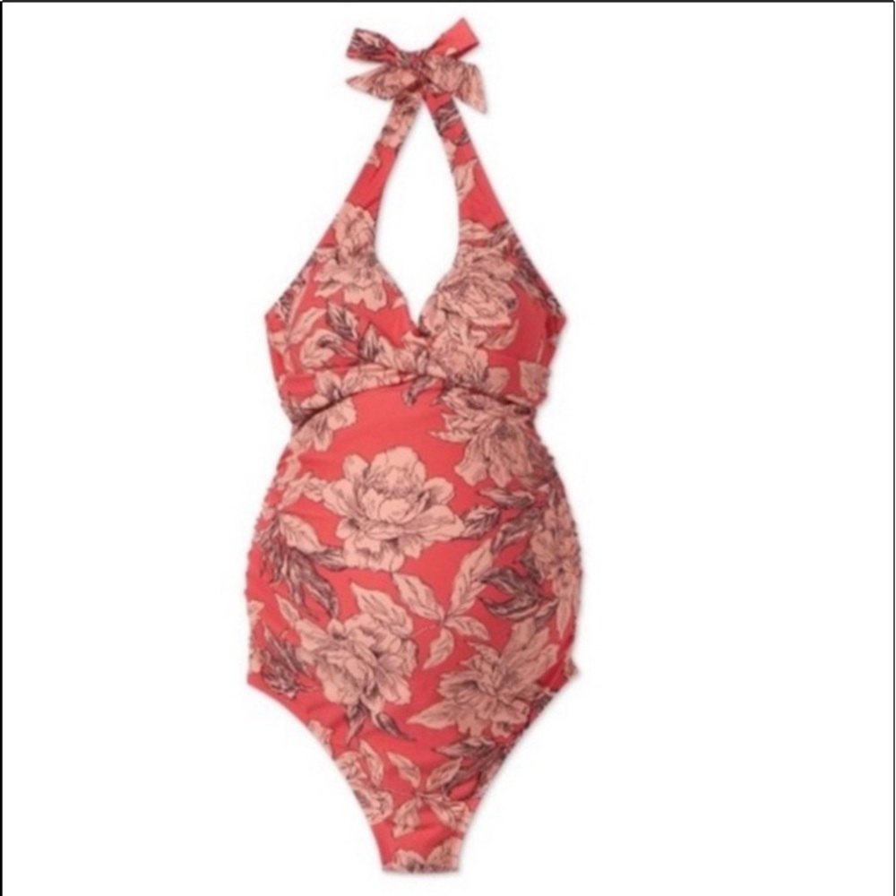 Isabel Maternity Swimsuit One Piece Size Medium Pink Floral Halter Neck NWT